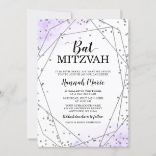 Convite Roxo Faux Silver Glitter Geométrico Bat Mitzvah