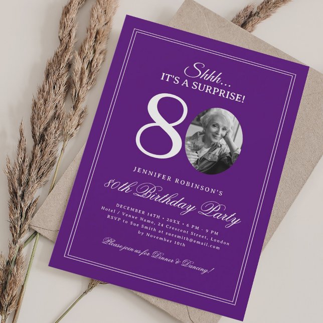 Convite Roxo | Festa Surpresa de 80 Anos (Purple | Surprise 80th Birthday Party Invitation)