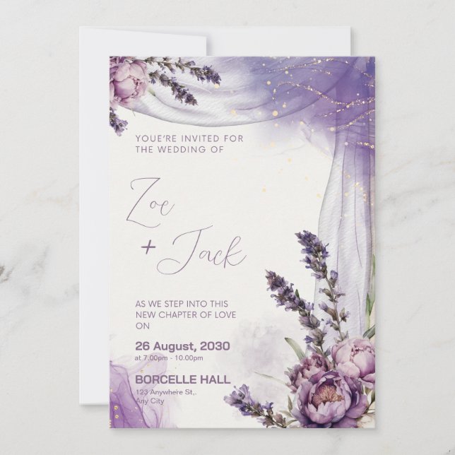 Convite Roxo Flor de Lavanda Branca Design Elegante (Frente)