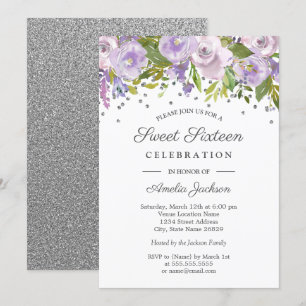 Convite Roxo Floral Aquarela Sweet Sixteen