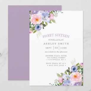 Convite Roxo Floral Bege Rosa Aquarela Sweet 16