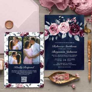 Convite Roxo Floral Código QR Casamento Azul Marinho Rosa