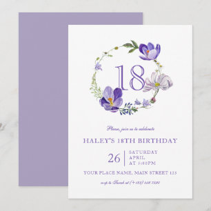 Convite Roxo Floral de Flor Selvagem Elegante 18.o Anivers