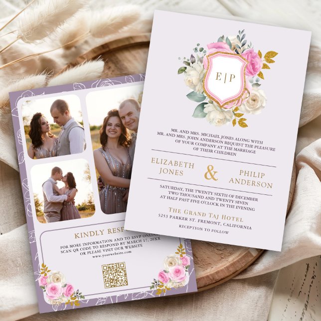 Convite Roxo Floral Empoeirado Código QR Crista Casamento (Criador carregado)