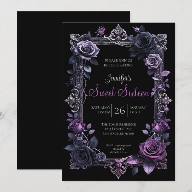 Convite Roxo Floral Gótico Sweet 16 (Frente/Verso)