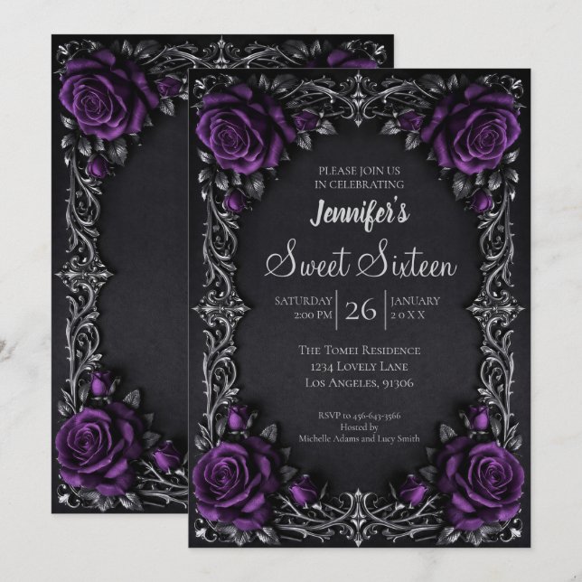 Convite Roxo Floral Gótico Sweet 16 (Frente/Verso)