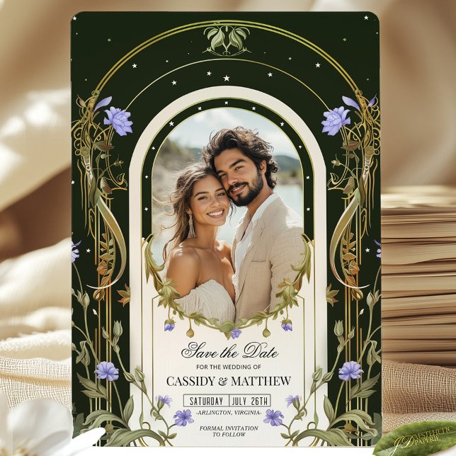 Convite Roxo Floral Save the Date com Foto (Criador carregado)