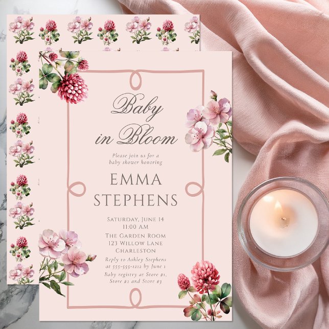 Convite Roxo Flores Bebê em Flor Jardim Chá de Bebê (Blush pink “Baby in Bloom” floral shower invitation with elegant botanical details)