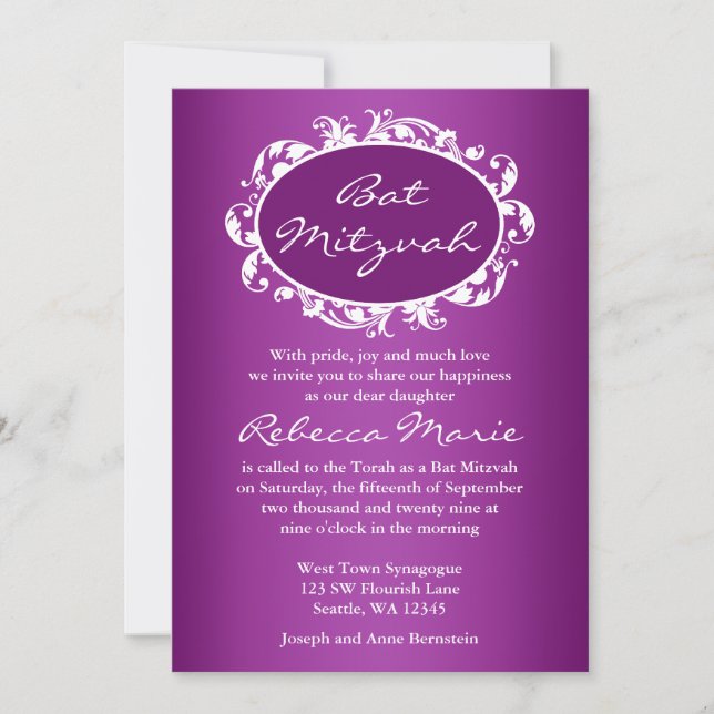 Convite Roxo Flourl Frame Bat Mitzvah (Frente)