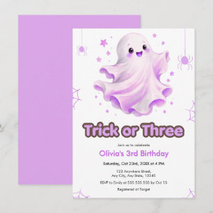 Convite Roxo Fofo Truque ou Três Aniversário de Halloween