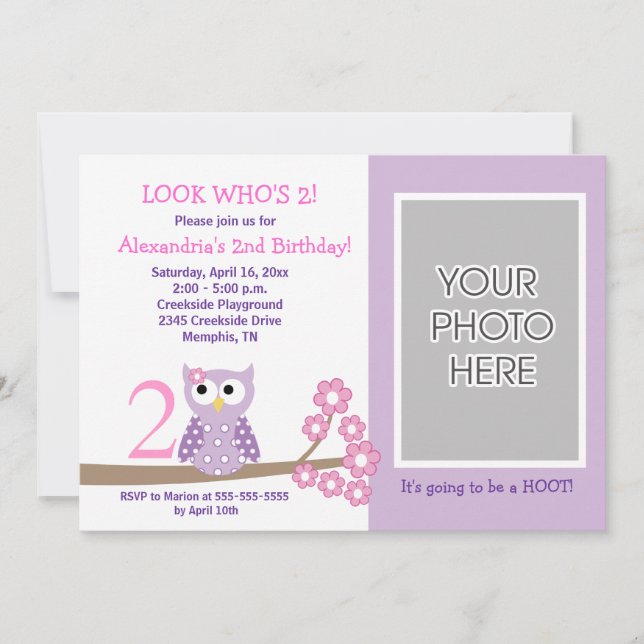 Convite Roxo Hoot Owl *FOTO* Aniversário 5x7 (Frente)