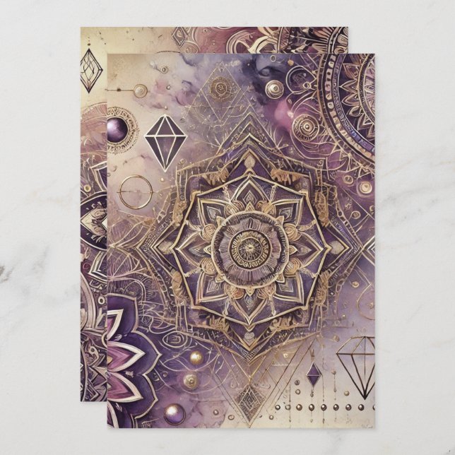 Convite Roxo Imprimível e Boho Dourado Intrai Mandalas (Frente/Verso)
