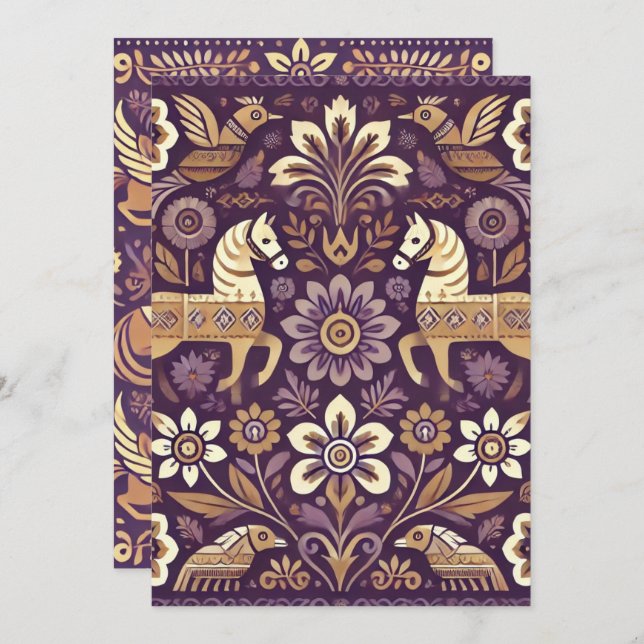 Convite Roxo Imprimível e Dourada Arte Folclórica Escandin (Frente/Verso)