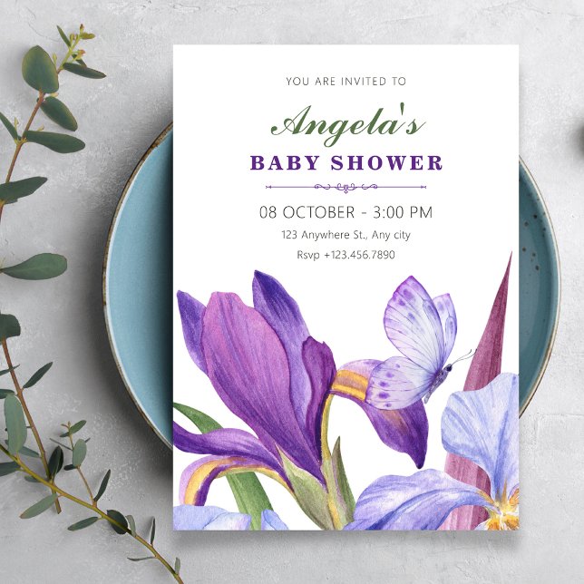 Convite Roxo íris floral florescer aquarela chá de bebê (Criador carregado)