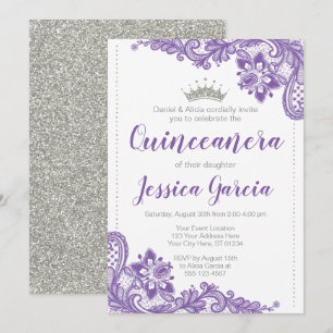 Convite Roxo Lace e Silver Glitter Princesa Quinceañera