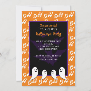 Convite Roxo laranja preto buu fantasma de Halloween