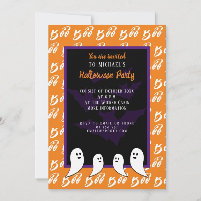 Convite Roxo laranja preto buu fantasma de Halloween  (Frente)