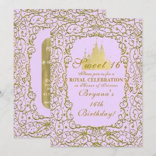 Convite Roxo Lavanda e Dourado Princesa do Castelo Doce 16