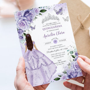 Convite Roxo Lavanda Floral Prata Quinceanera Doce 16