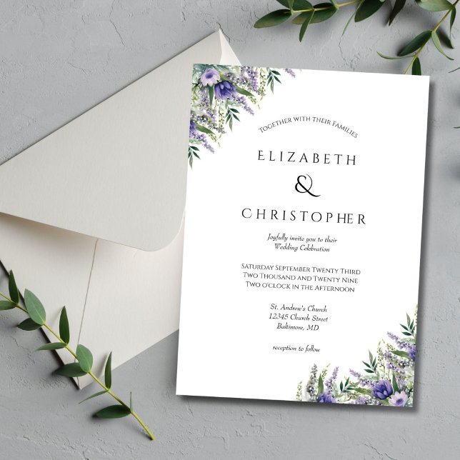 Convite Roxo Lavanda Formal Elegante Moderno Casamento  (Lavender Greenery Watercolor Floral Botanical Wedding invitation Formal and Elegant)