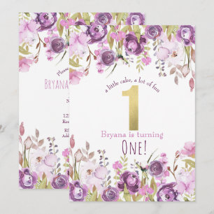 Convite Roxo Lavanda Lilás Floral Moderno 1º Aniversário