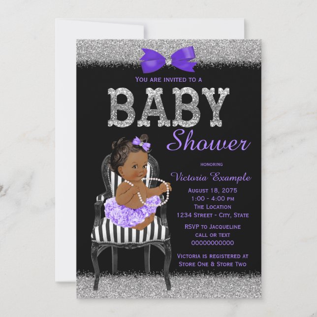 Convite Roxo Lavanda Preto Prata Churrasco de Bebê Menina  (Frente)