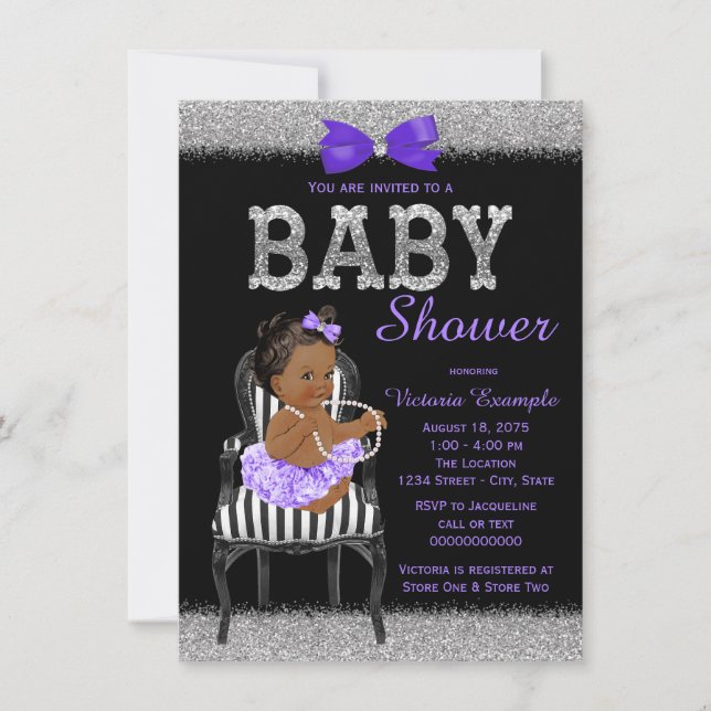 Convite Roxo Lavanda Preto Prata Churrasco de Bebê Menina  (Frente)