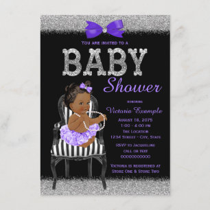 Convite Roxo Lavanda Preto Prata Churrasco de Bebê Menina