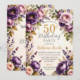 Convite Roxo Lilás Bege Vintage Floral Aniversário