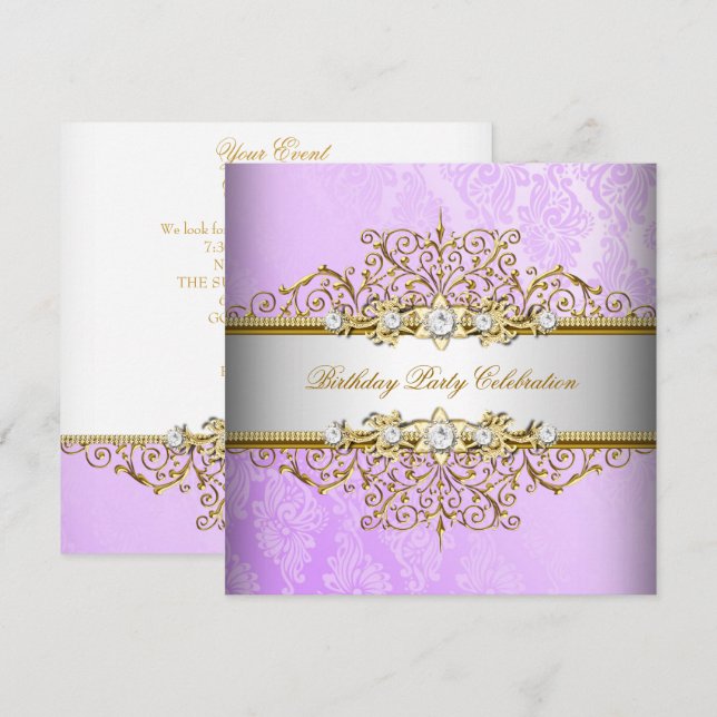 Convite Roxo Lilás Branco Dourado Festa Elegante (Frente/Verso)