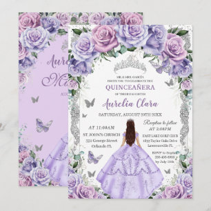 Convite Roxo Lilás Floral Prata Princesa Quinceanera