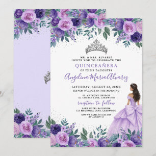 Convite Roxo Lilás Floral Quinceanera Prata