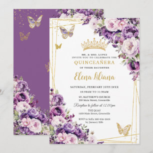 Convite Roxo Lilás Flores Quinceanera 15 Anos Doce 16