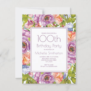 Convite Roxo Lilás Laranja Azul Floral 100º Aniversário