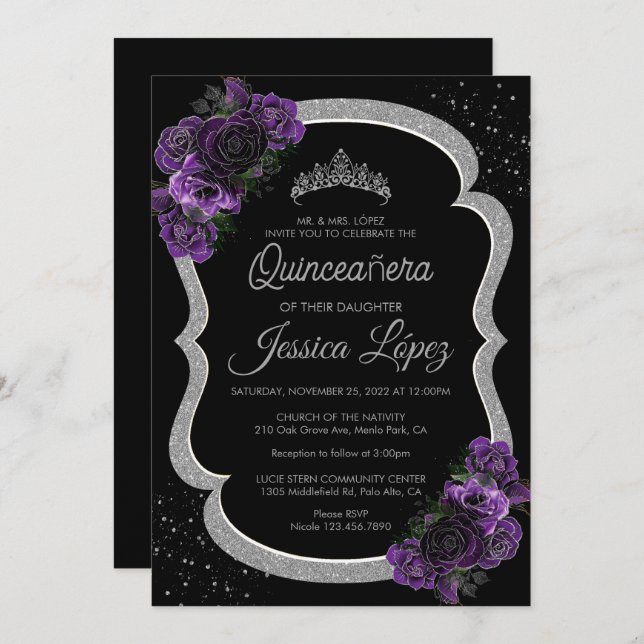 Convite Roxo Lilás Lavanda Floral Quinceañera Prata (Frente/Verso)