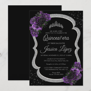 Convite Roxo Lilás Lavanda Floral Quinceañera Prata