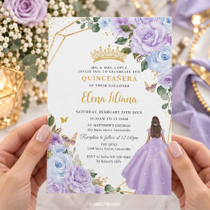 Convite Roxo Lilás Poeira Azul Floral Quinceañera XV