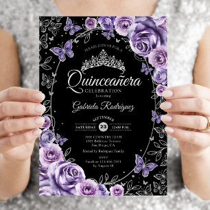 Convite Roxo Lilás Prata Preto Quinceanera