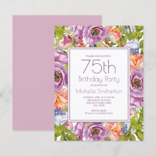 Convite Roxo Lilás Rosa Floral 75º Aniversário Mulheres