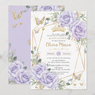 Convite Roxo Macio Lilás Floral Borboletas Quinceanera