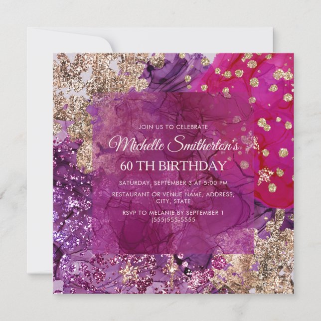Convite Roxo Magenta Dourado Abstrato Luxo (Frente)