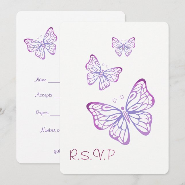 Convite Roxo Malva Rosa Jardim Butterfly Classe RSVP (Frente/Verso)