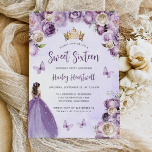 Convite Roxo Marfim Dourado Floral Aquarela Sweet 16