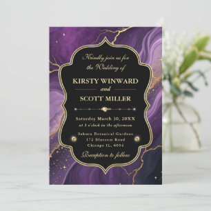 Convite Roxo Mármore Dourado Brilho Casamento Elegante
