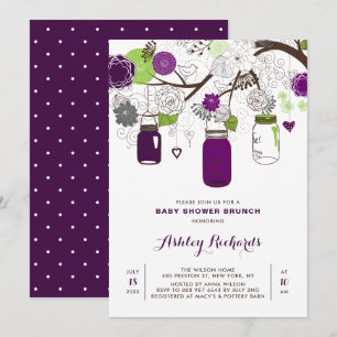 Convite Roxo Mason Jars Floral Chá de fraldas Brunch