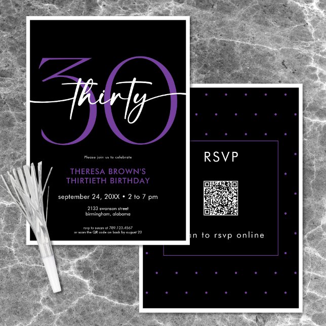 Convite Roxo Mínimo Moderno 30 Script Aniversário QR (Modern Minimal Purple Thirty Script Birthday QR Invitation)