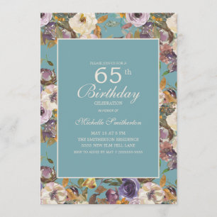 Convite Roxo Mostarda Marfim Floral 65º Aniversário Azul T