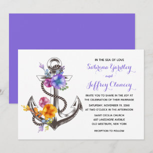 Convite Roxo Náutico Floral Âncora Casamento Praia Verão