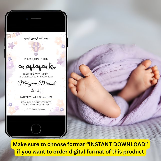 Convite Roxo Neném Menina Aqiqah Aqeqa Muçulmana (Criador carregado)