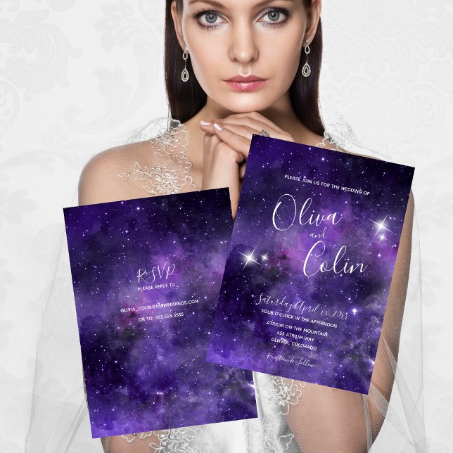 Convite Roxo Noite Romântica do Céu Azul Roxo com RSVP (Romantic Night Sky Starlight Purple with RSVP Invitation)
